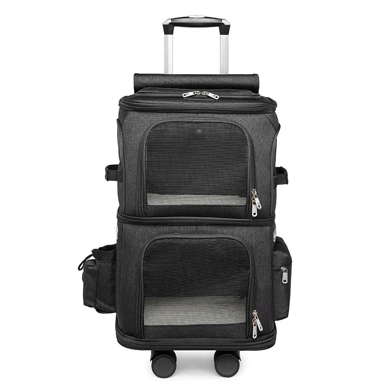 LMZOE Double Layer Pet Cat Carrier Breathable Bag Foldable transportin with wheels Pull Rod for large Cats