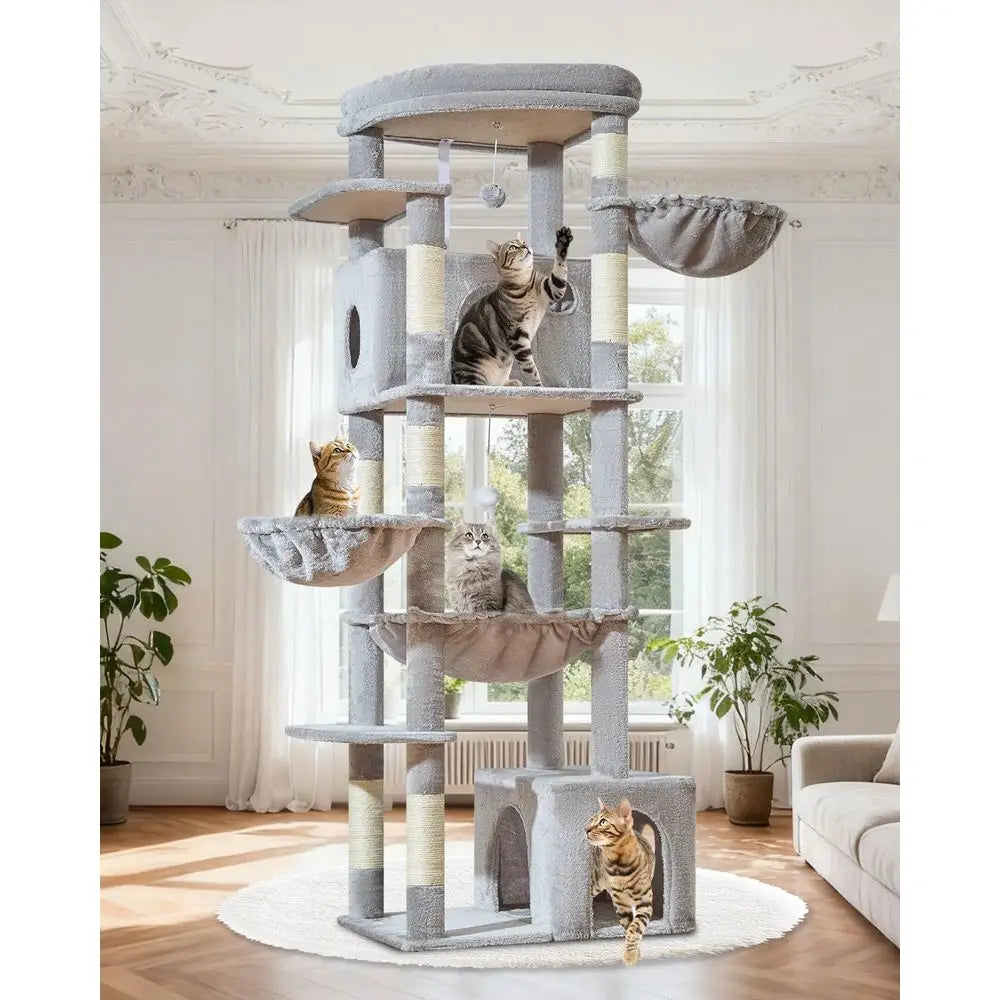 72 Inch Cat Tree, XXL Cat Tower or Indoor Cats Large Adult 25Lbs+, Extra-Large Platorm, 2 Cat Houses, 7 Scratching Post, Extra-S