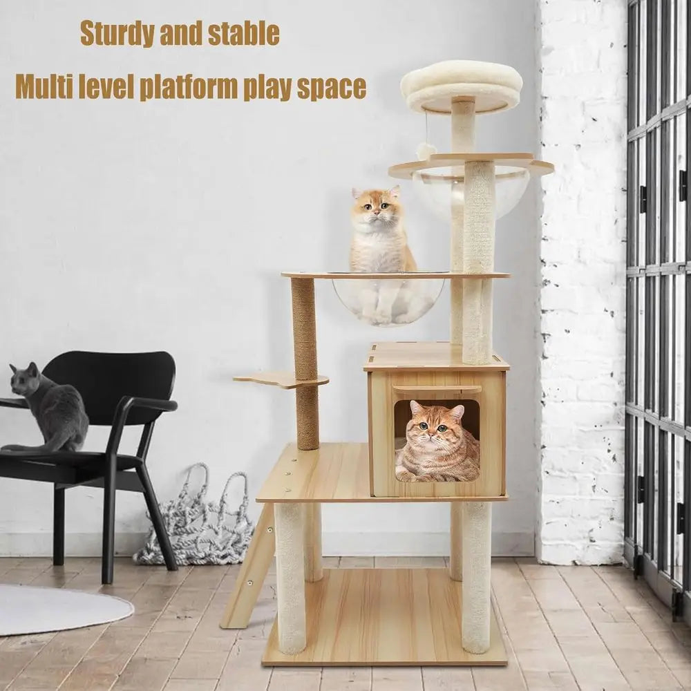 55 Modern Indoor Cat Tower with 5 Levels, Capsule Hammock, Scratching Post, and Staircase for All Size Cats