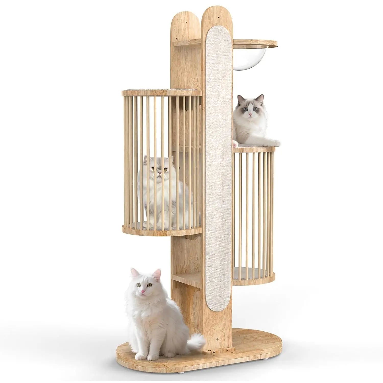 Modern Cat Tree Tower for Indoor Cats, 67" Tall Solid Wooden Cat Tower with Scratching Posts, 6 Level Natural, Customized