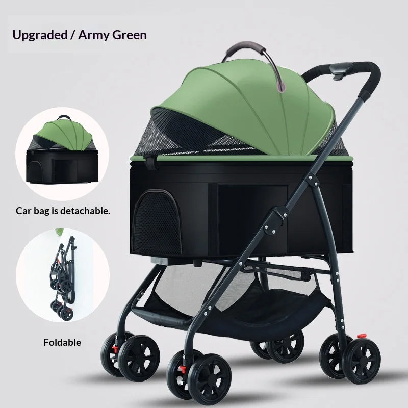 Pet Stroller Dog Cat Small Foldable Lightweight Detachable Crate Portable Travel Breathable Mesh Wheels One Hand Fold Dog Car