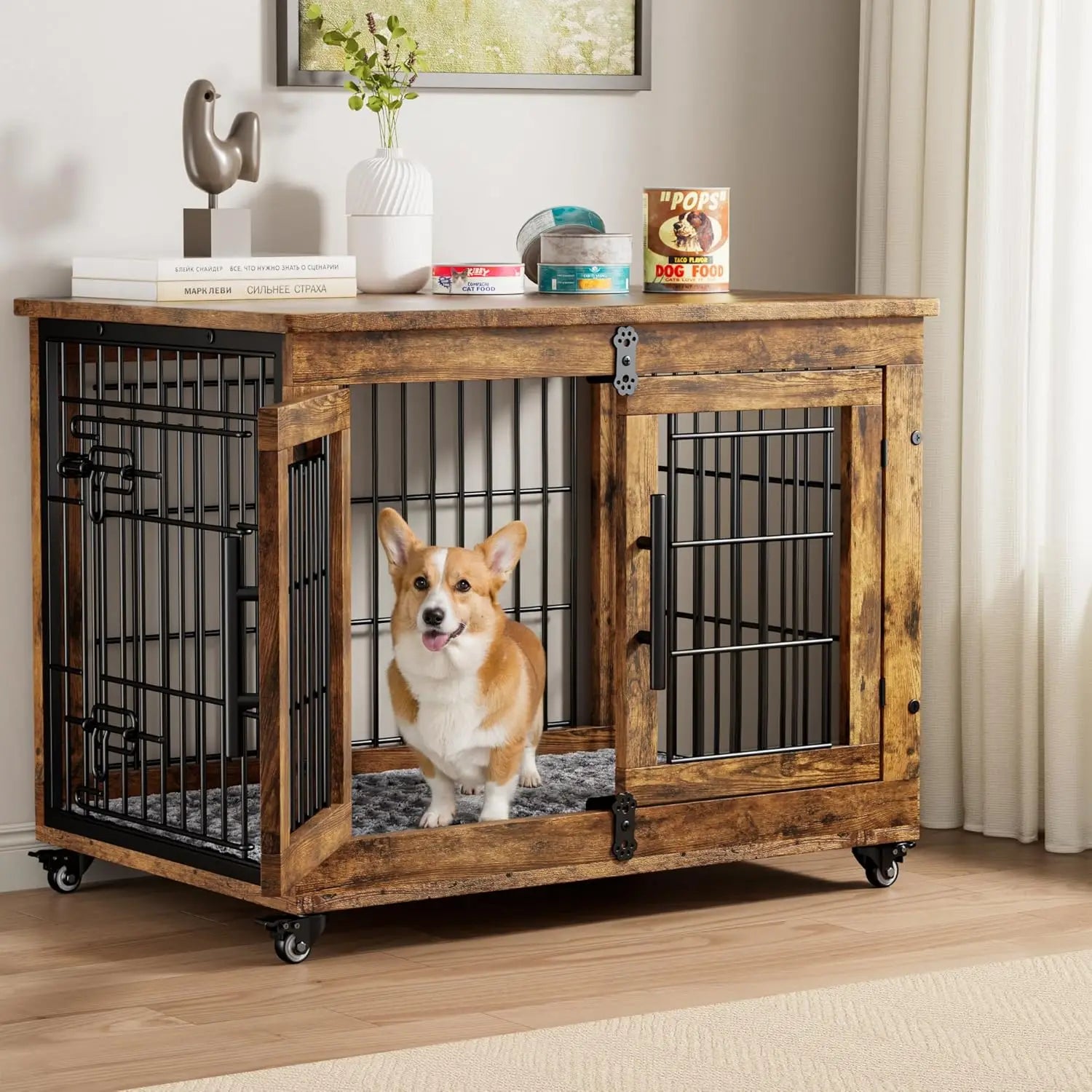 32in Wooden Dog Crate Furniture with Cushion & Wheels Double Doors Indoor Kennel End Table, Customized