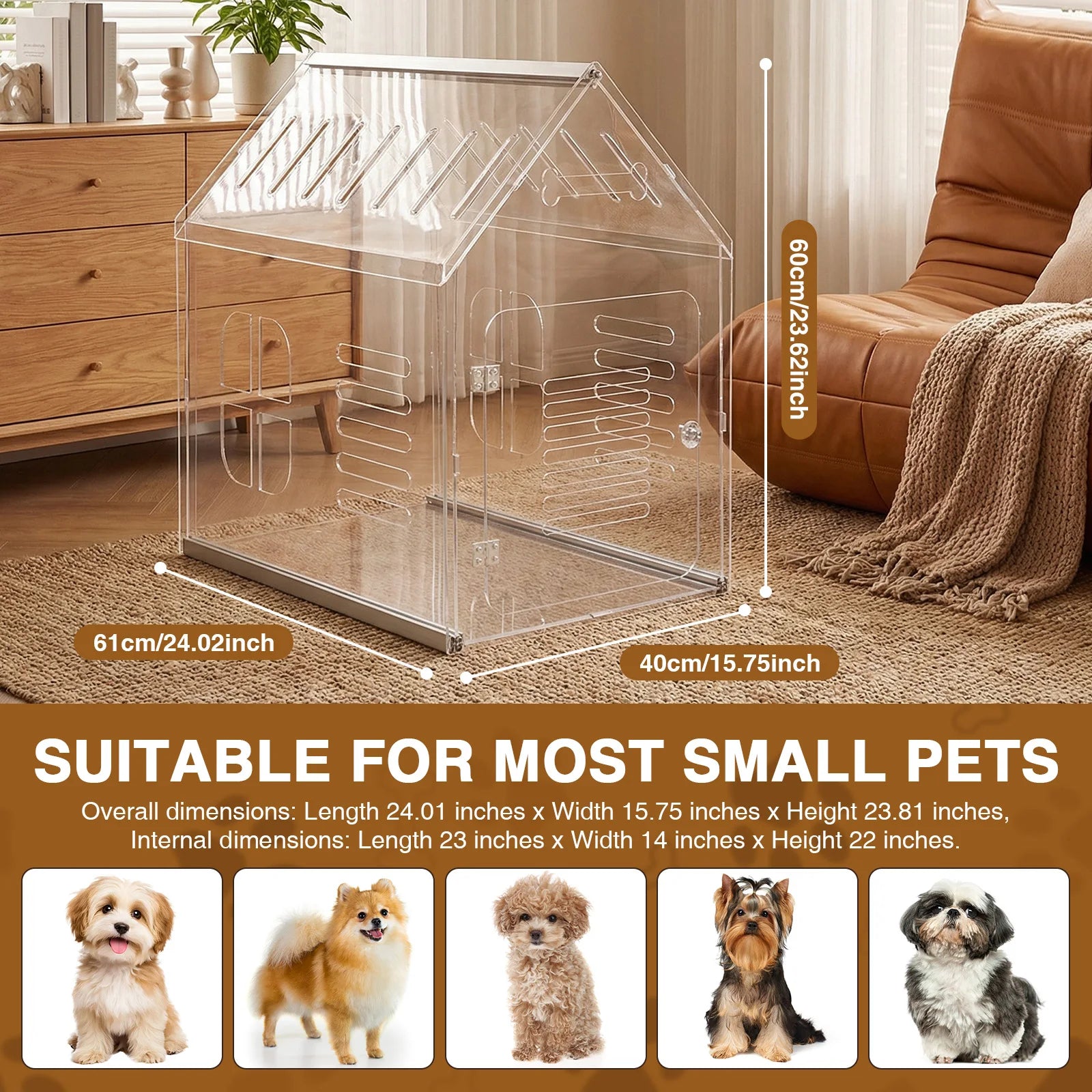 Acrylic Modern Dog Crate Lockable Ventilated Extra Large Dog Cage Transparent Kennel House Furniture for Small Dogs Cats Pets