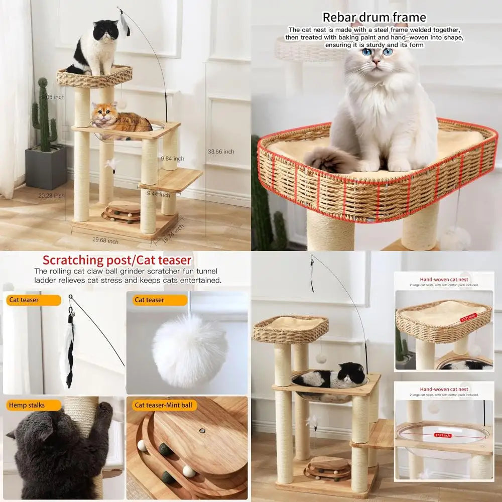 4-Tier Modern Indoor Cat Tree Tower, 34 Height, with Space Capsule Nest, Hand-Woven Basket, Feather Toy, Hanging Balls, and Sisa