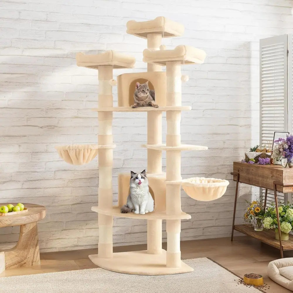 73in Fan-Shaped Corner Cat Tower for Save Space/Multi-Level Tall Cat Tree for Indoor Kitties/Condo with Baskets/Cozy Perches/Sis