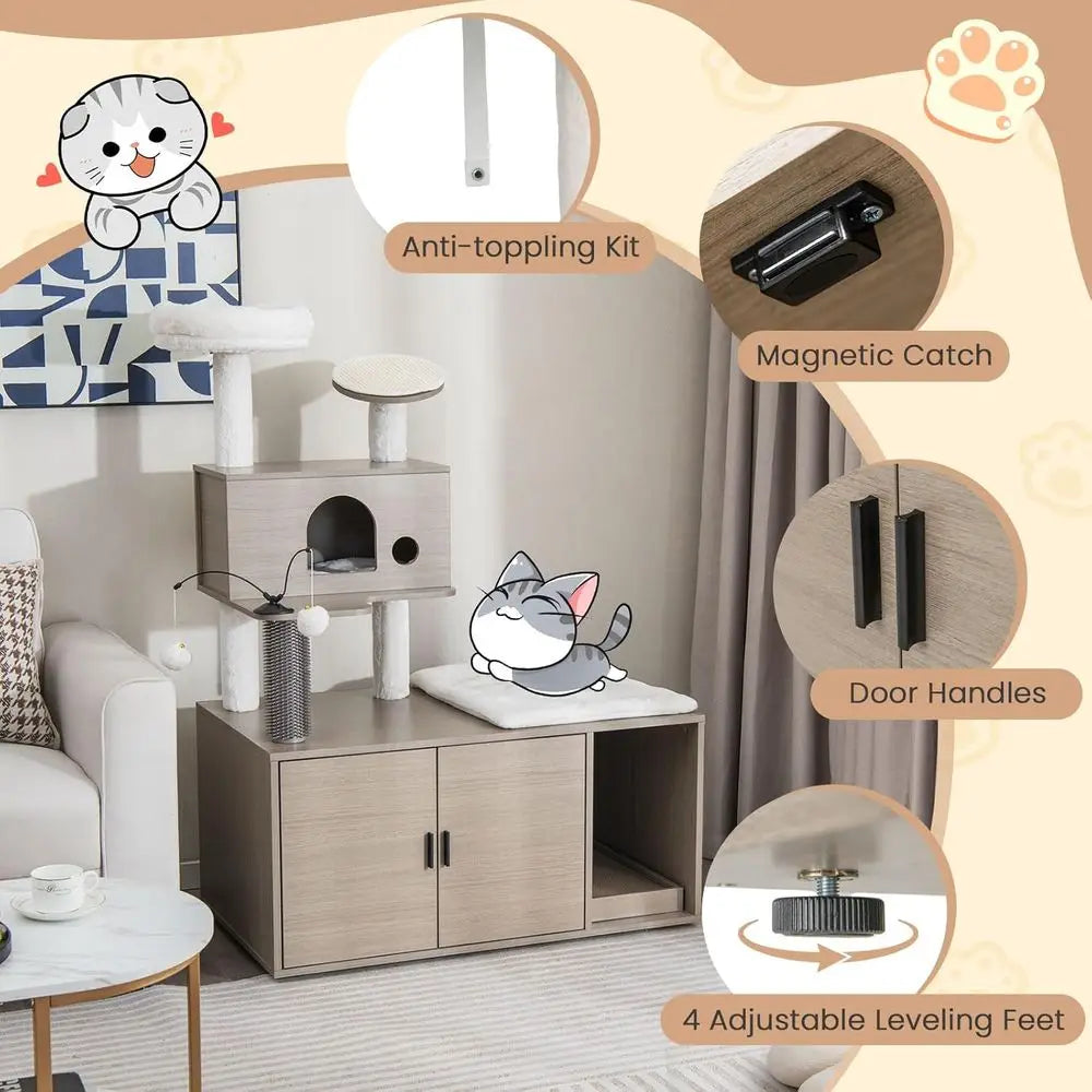 Tangkula Cat Tree with Litter Box Enclosure, Cat Tower with Litter Box, Cat Condo, Scratching Board, Soft Plush Perch, Dangling
