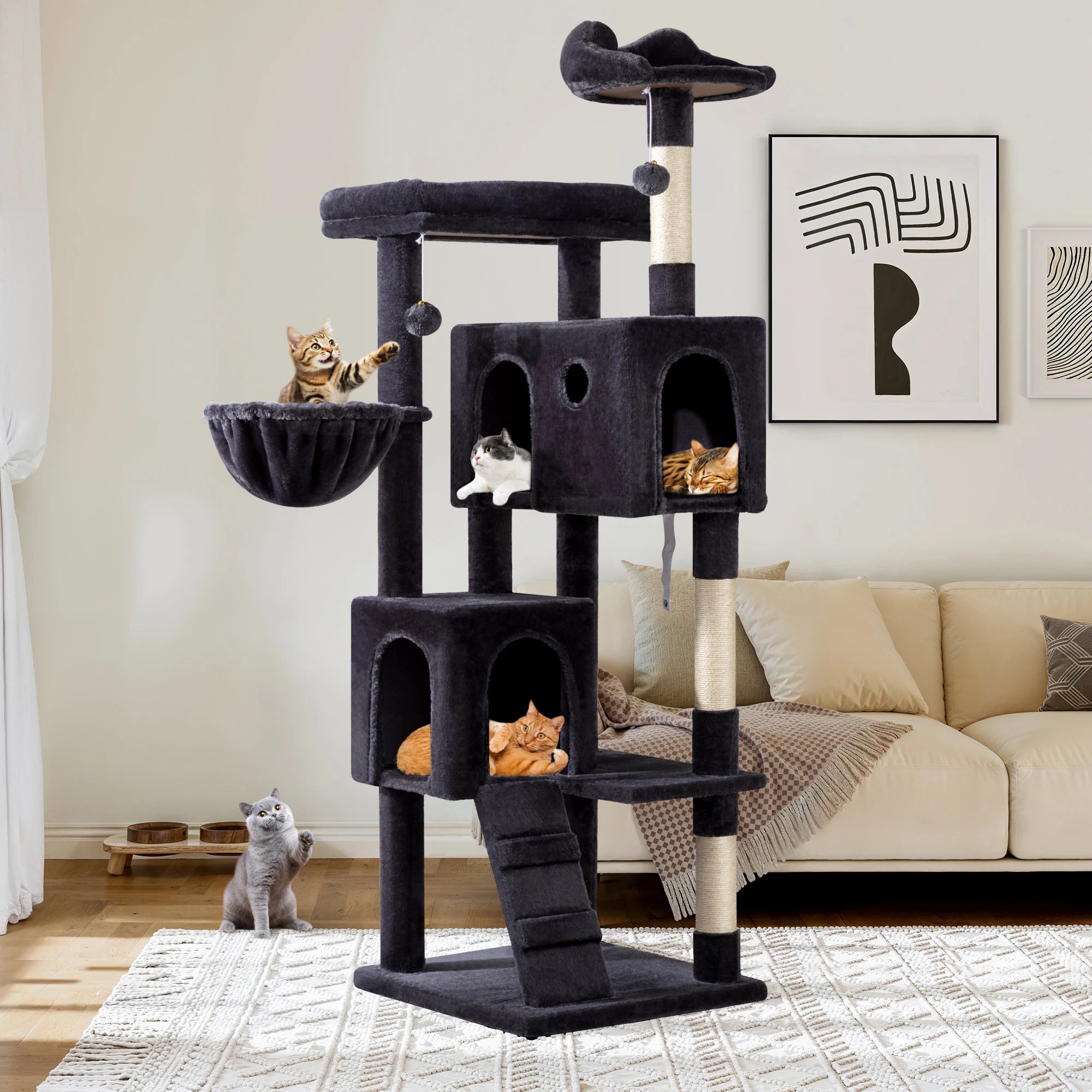HOOMIC 64 Inches Cat Tree Tower/Multi-Level Activity Center for Indoor Big Felines/2 Plush Condos/2 Perchs/Basket/House