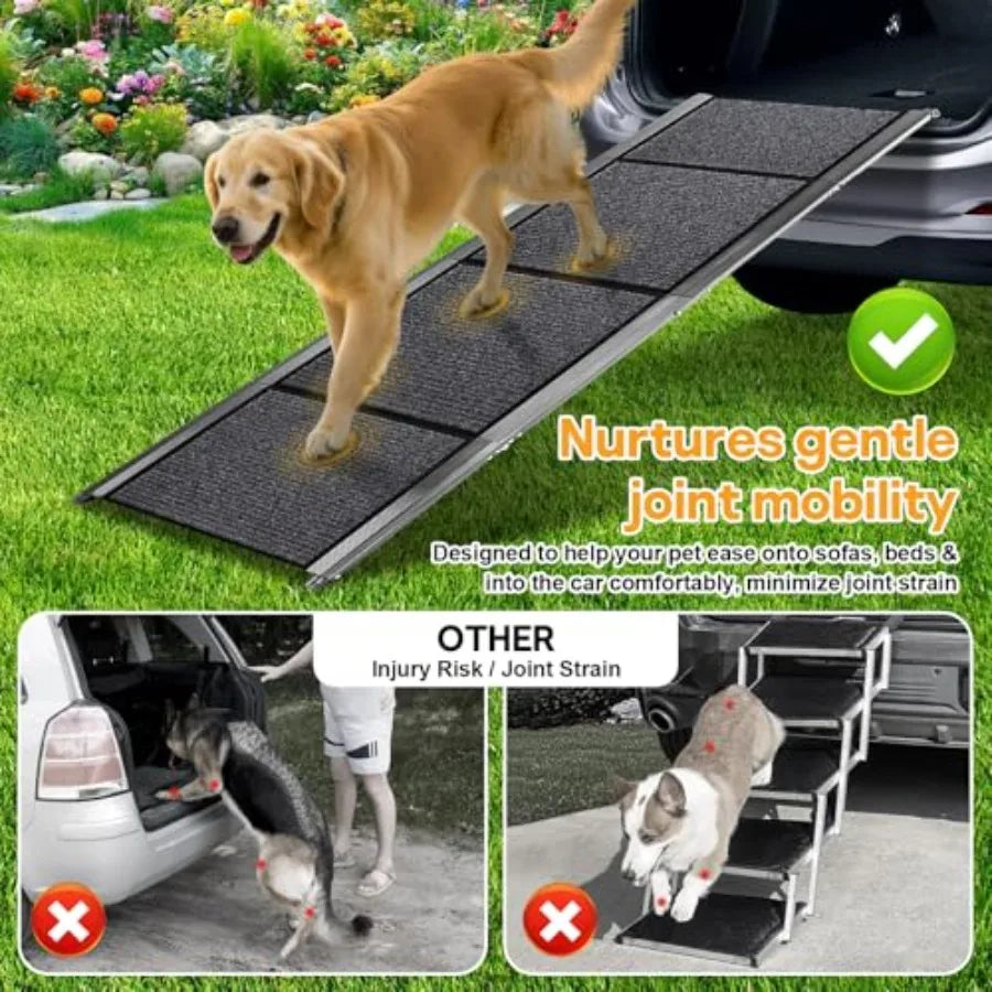 Dog Ramps for Large Pets 71 L 20 W Extra Wide Foldable Aluminum Pet Ramp with IP64 Waterproof Non-Slip Rug Surface Up to 300lbs