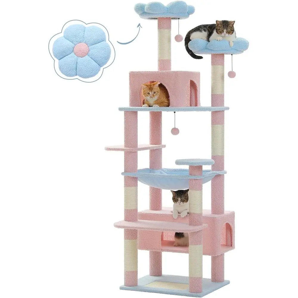 72 Blue Large Cat Tower with Steel Frame, 2 Condos, Hammock, and 7 Scratching Posts