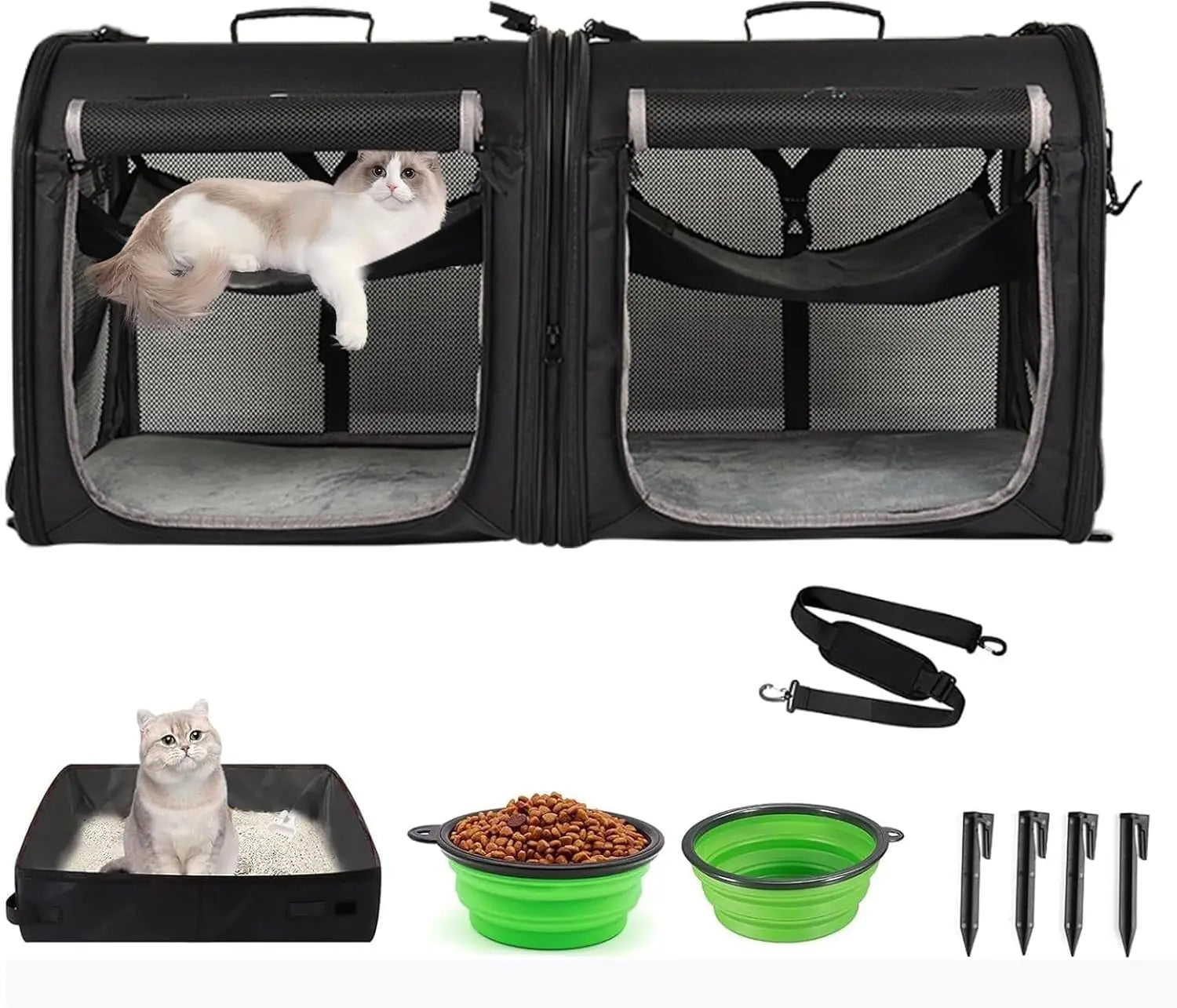 2-in-1 Portable Pet Carrier for Medium Dogs & Cats, Double Kennel Set with Bowls, Stakes & Bag for Outdoor Travel