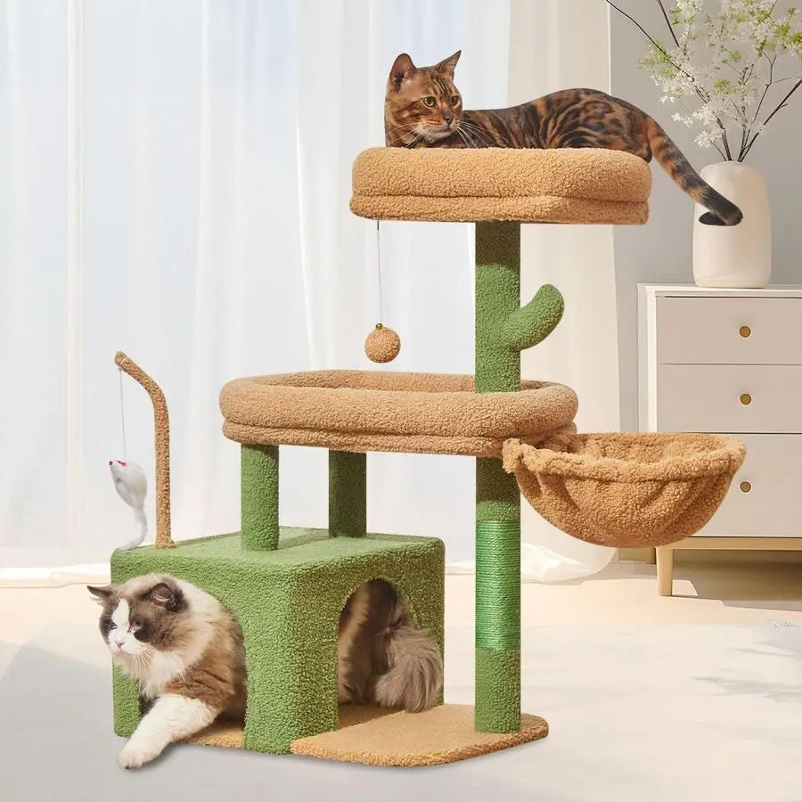 MS043T Cat Tree, 32.2Inch Cat Tower for Indoors Cats, Cat Condo with Large Cat Perch, Spacious Cat Cave, Scratching Posts for Sm