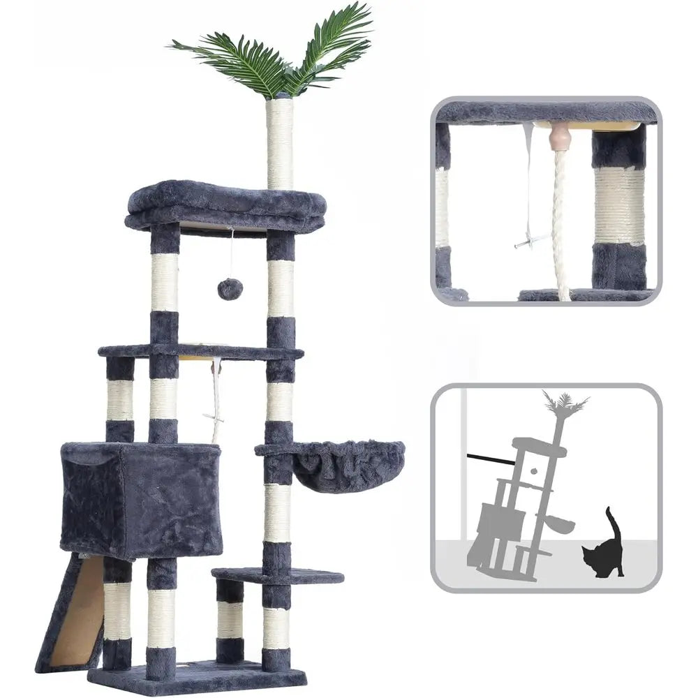Heybly Cat Tree,Cat Tower for Indoor Cats, 65.4 inches Cat Condo with Perches, Basket, Feeding Bowl Station, Multi-Level Plush F