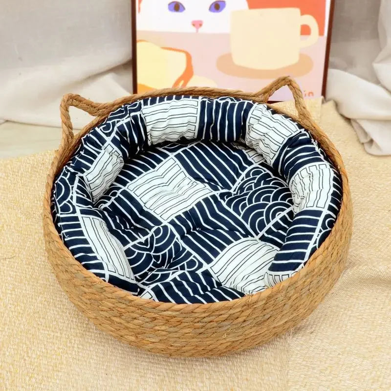 Rattan Woven Round Pet Bed with Cushion Soft Warm for Cats & Dogs
