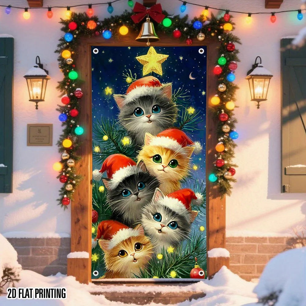 2D flat banner 1PC The Christmas cat tree and Santa hats perfectly decorate your home entrance for Christmas and New Year