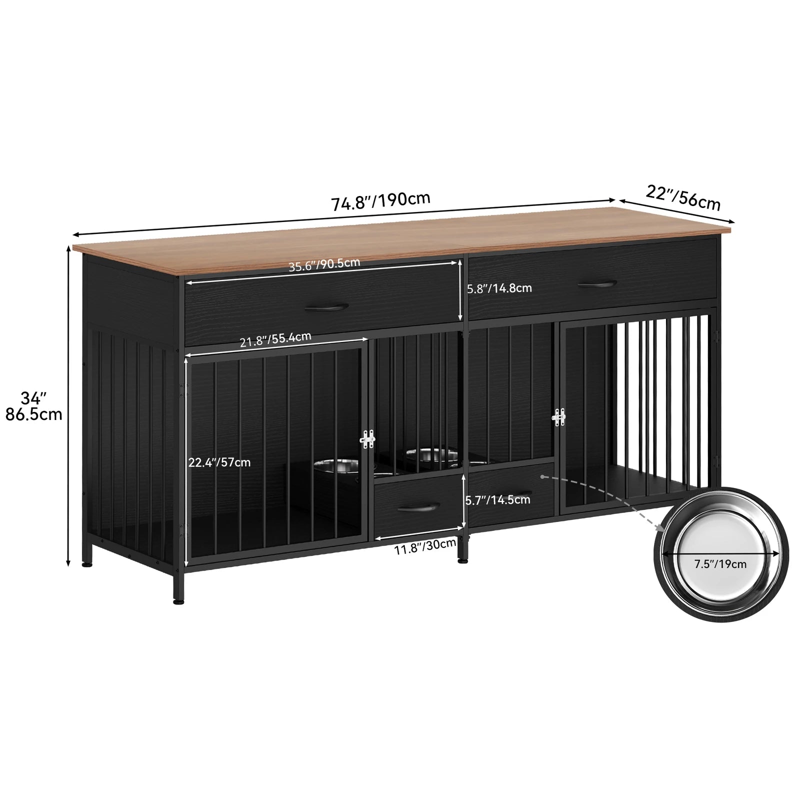 Indoor wooden kennel for 2 dogs Large dog crate furniture TV stand w/ dog feeder