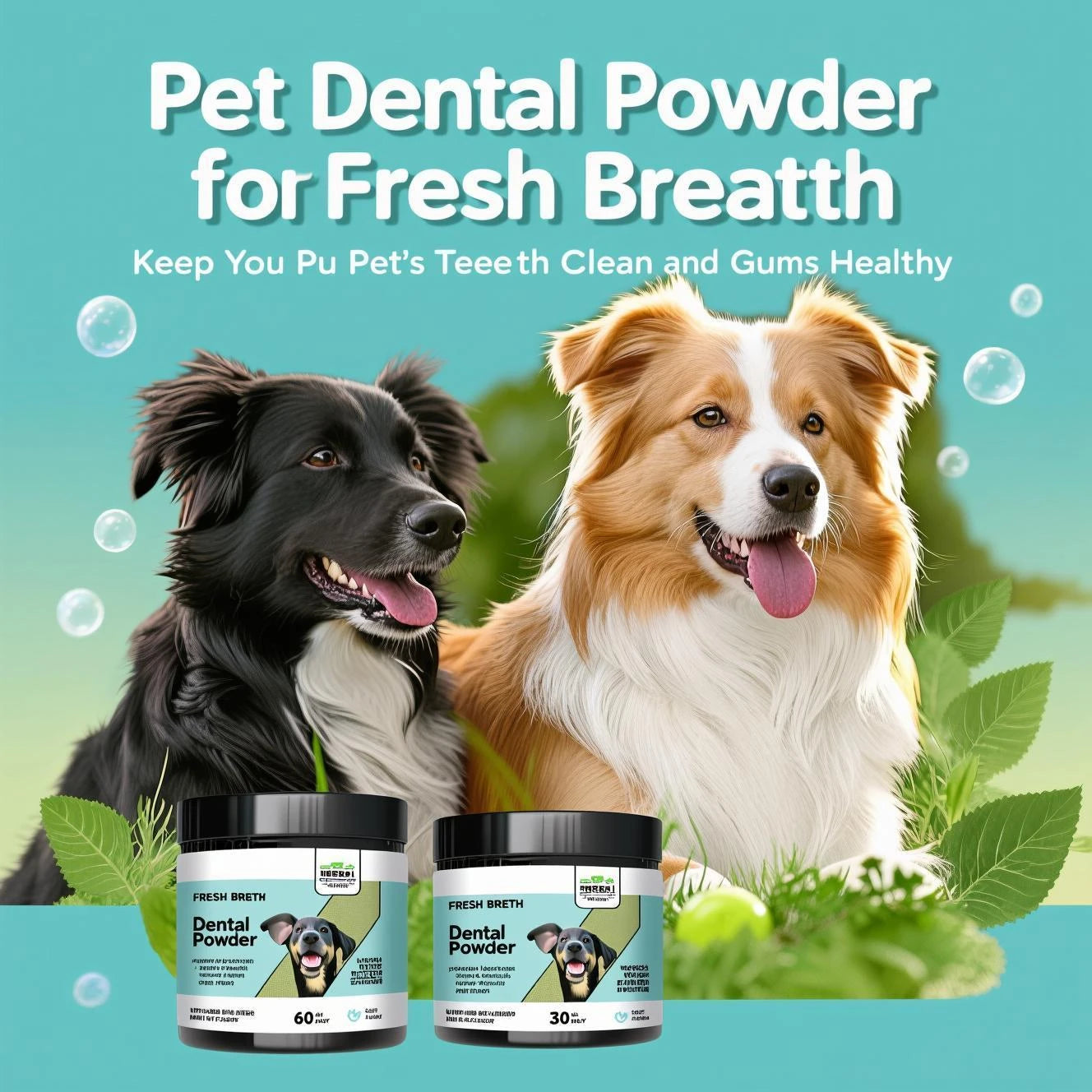 Natural Dog Cat Dental Care Powder - Mint flavored teeth cleaning formula freshens breath & prevents tartar formation for pets.