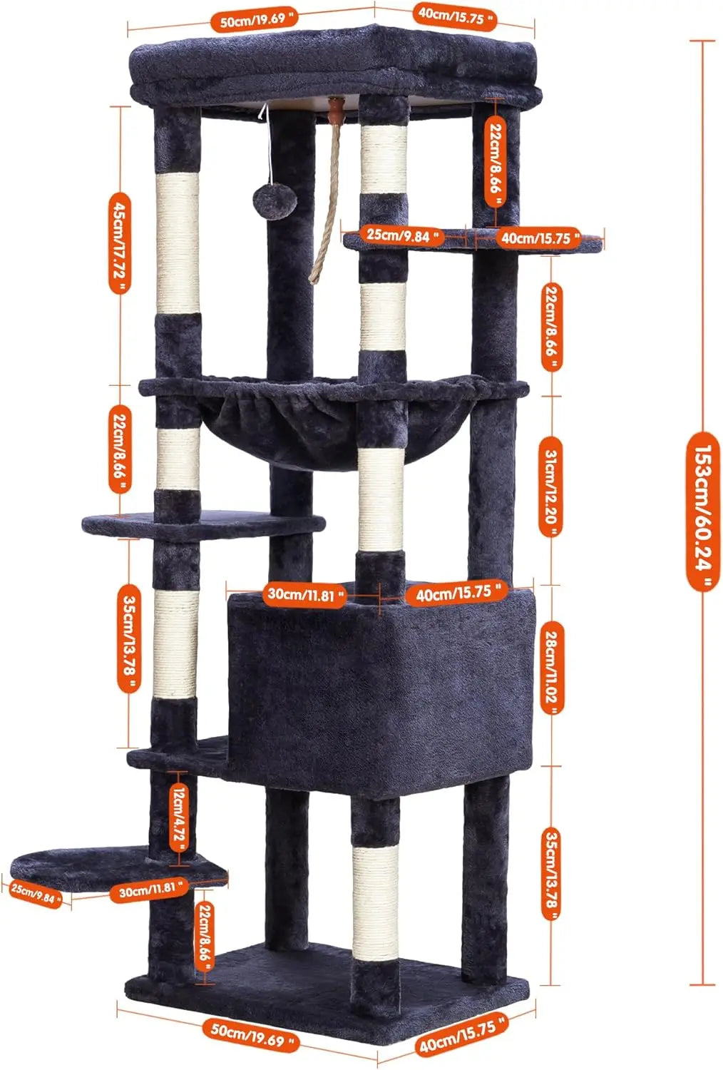 Large Cat Tree for Indoor Cats, 60-Inch Multi-Level Tower with Plush Perch and Basket, Heavy Duty for Up to 20lbs