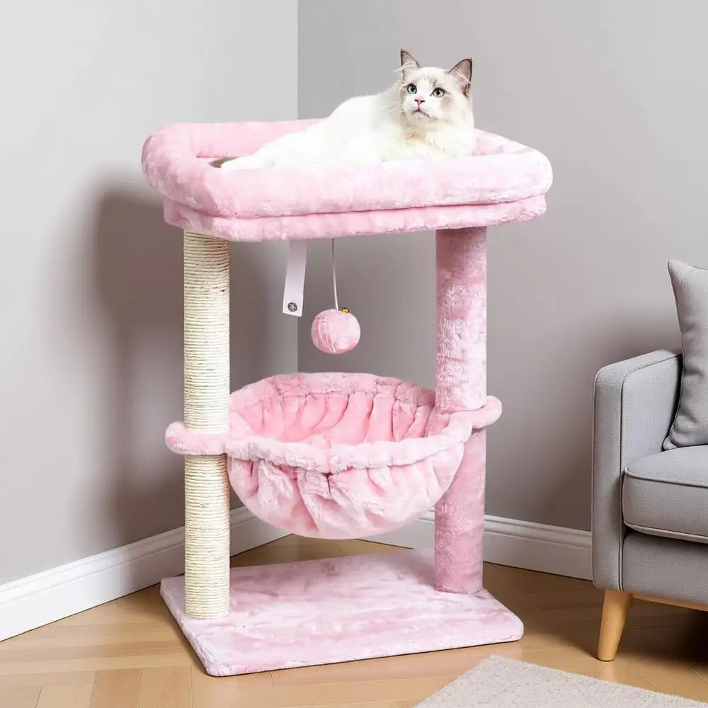 Small Cat Tree, Indoor Activity Tower with Scratching Post, Kittens' Furniture, Basket & Hanging Ball, Play Rest, Pink