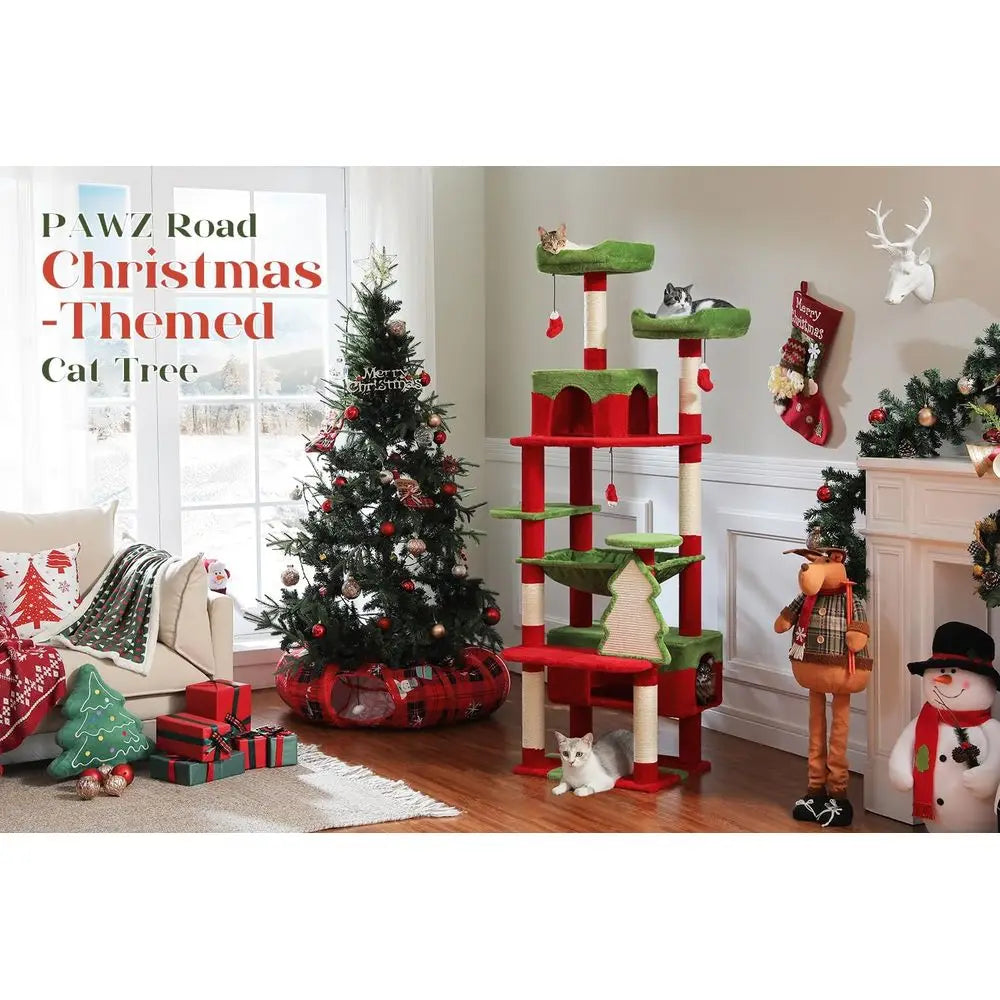 PAWZ Road Christmas Cat Tree, 72 Inches Tall Cat Tower with 2 Perches, 2 Condos and Spacious Hammock, Attractive Cat House with