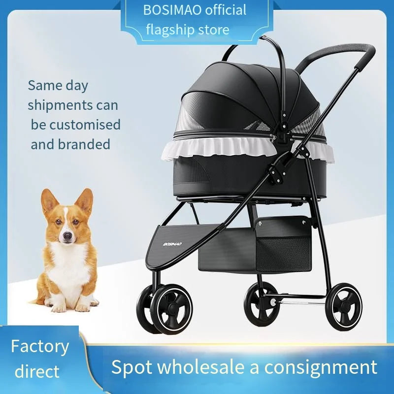 2026 Pet Stroller for Small/Medium Dogs Cats Detachable Washable Travel Cart with DIY Lace Decor - Lightweight Foldable Carrier