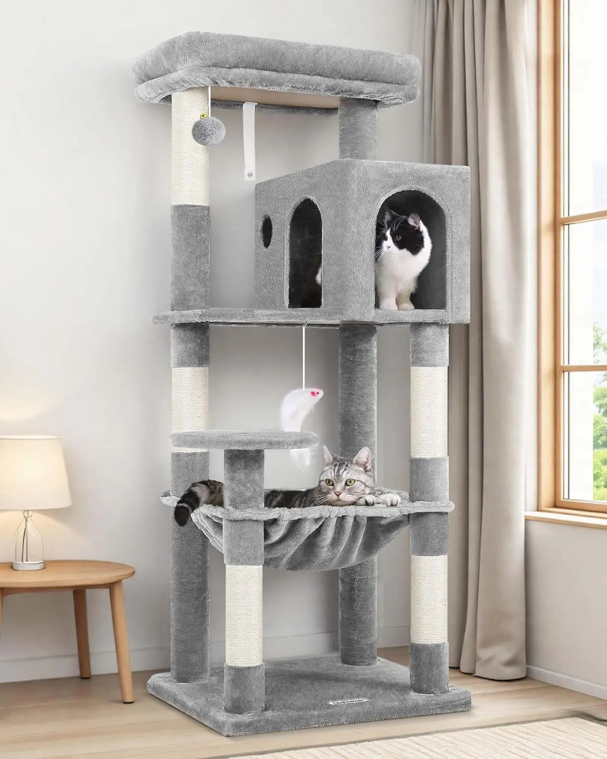 53in Multi-Level Cat Tree Tower with Scratching Posts, Hammock & Cave - Light Gray Indoor Playground