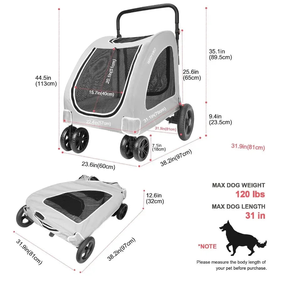 Foldable Dog Stroller for Medium and Large Dogs with 4 Wheels Adjustable Handle Breathable Travel Carrier Up to 120 lbs Light G