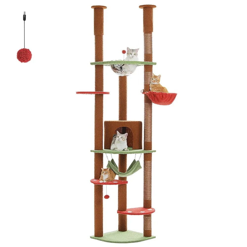 Floor to Ceiling Cat Tree 92.9’’-101.6’’ Height Adjustable Mushroom Cat Tower Tall Climbing Play House, Customized