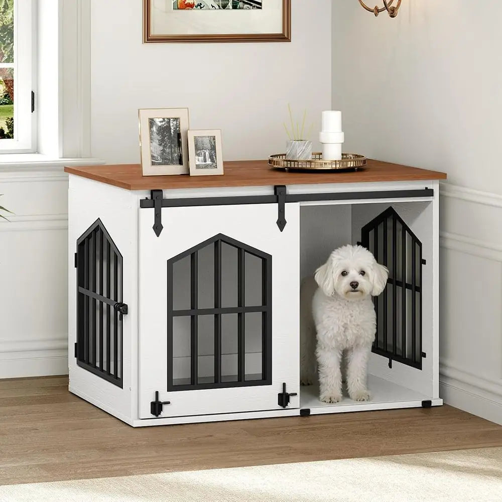 Dog Crate urniture, 31.5" armhouse Dog Kennel with Sliding Barn Door, Wooden Dog Cage or Small Medium Dogs, Decorative Pet House