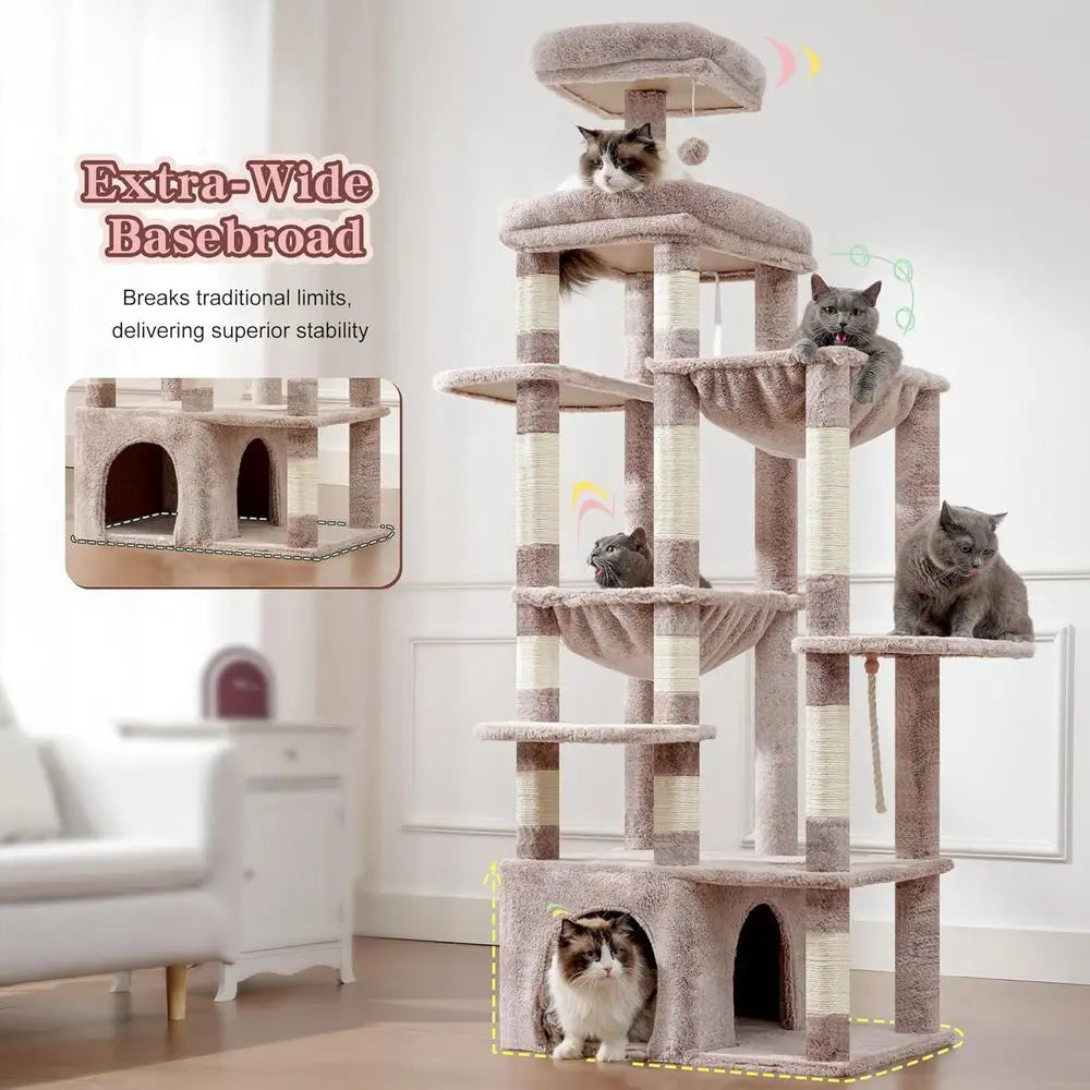 71-Inch Tall Cat Tower for Large Maine Coon Cats with Extra-Large Baseboard, Cat Condo Furniture with Multi-Level Platforms, 2 H