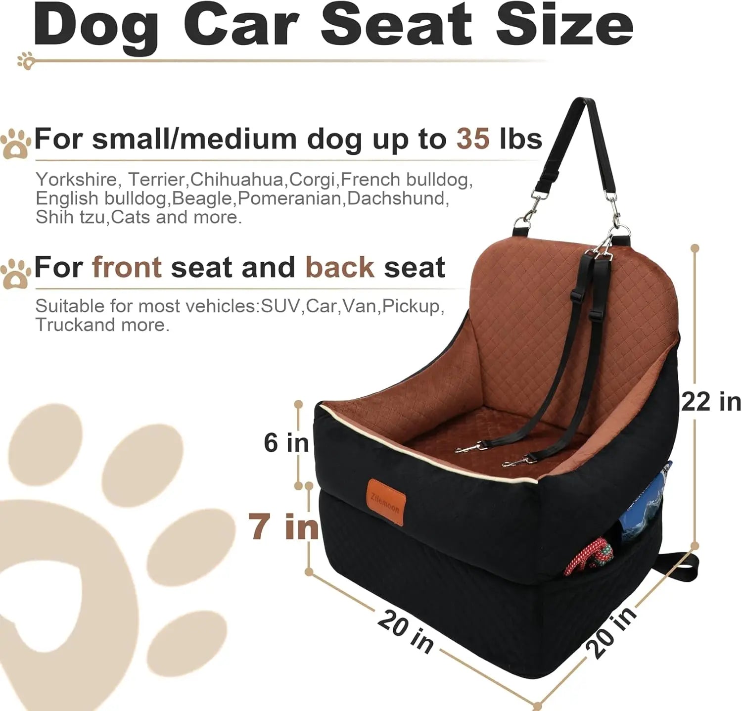 Car Dog Booster Seat for Small Pets up to 35 lbs, 7 Inches Elevated with Safety Leashes and Storage Pockets