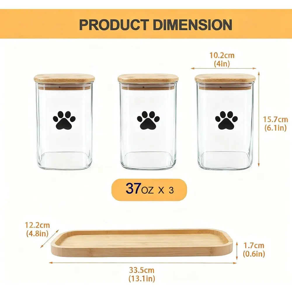 37oz Glass Dog Treat Jars Set of 3, Clear Dog Treat Container with Bamboo Lids, Airtight Cat Treat Jar, Small Pet Treat Canister