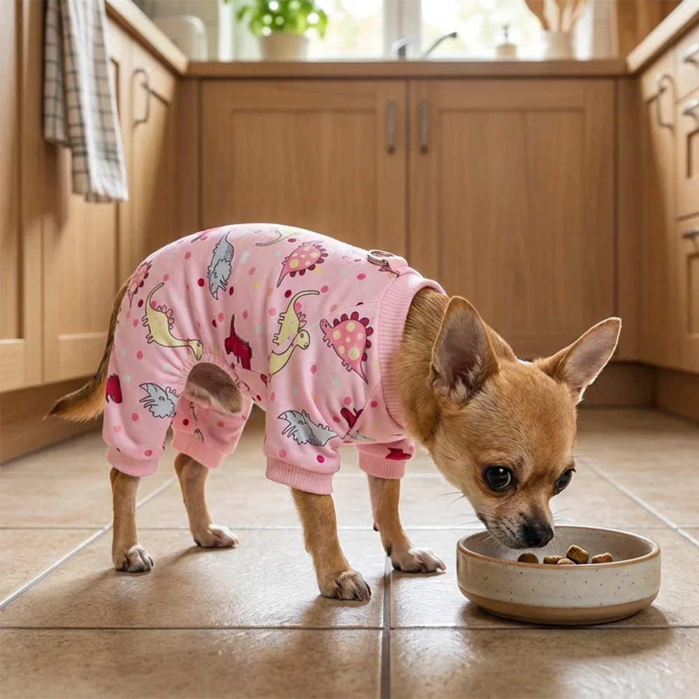 Soft Cotton Dog Pajamas Dinosaur Pattern Pet Jumpsuit with D-Ring Leash Hook Four-Legged Dog Clothes for Small Dogs