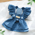 Blue Denim Pet Party Dress - Flying Sleeve Outfit with Leash Ring for Small Girl Dogs & Cats