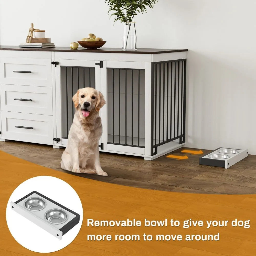 94.5" Large Dog Crate Furniture for 2 Dogs TV Stand w/3 Storage Drawer &4 Bowls