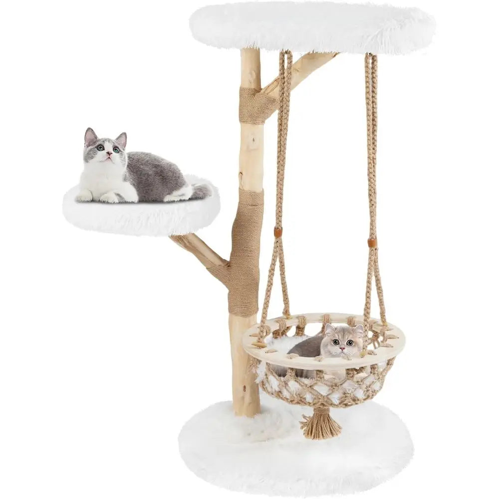 Tangkula Solid Wood Cat Tree, 48.5” Natural Branch Modern Cat Tower with Luxury Hanging Cradle, Jute Scratching Post, Top Perch,