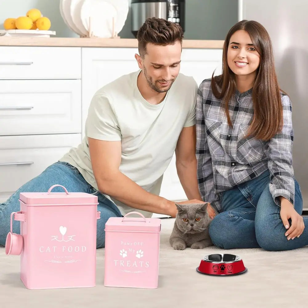 Cat Food Container and Treat Container with Tight Lids, Scoop and Pet Food Bowl, Metal Storage Bin for Small Pets, Matte Pink