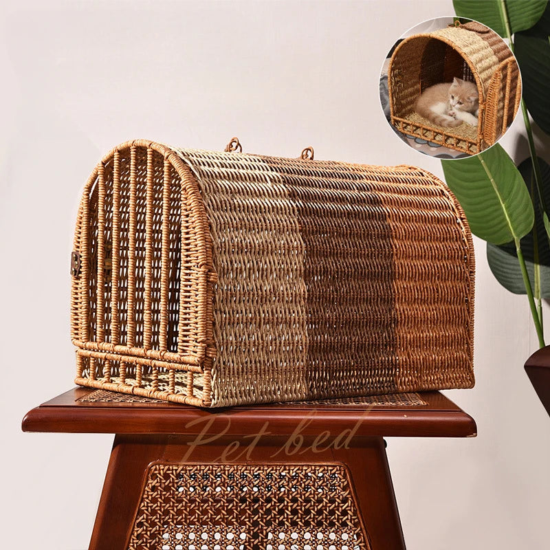 Rattan Cat Cage Portable Cat Carrier Cat Nest Cat Basket Vehicle Mounted Pet Cage Cat House Travel Cat Bag Pet Tote Bag