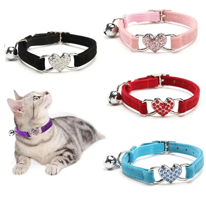 8 Colors Adjustable with Soft Velvet Material Pet Product Small Dog Collar Heart Charm and Bell Cat Collar Safety Elastic
