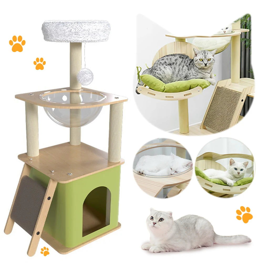 Green Cat Tree W/ Plush Jumping Platform Hanging Ball Cat Climbing Frame Cat Tree Tower Cat Scratching Posts for Indoor Cats