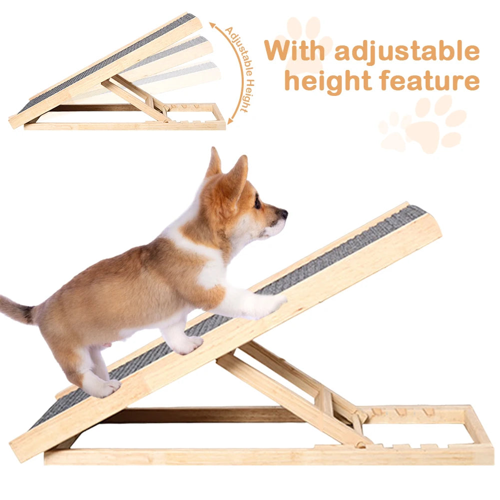 Wooden Dog Cat Ramp 3/4 Levels Height Adjustable Foldable Pet Ladder Non-Slip Versatile for Indoor High Bed Couch