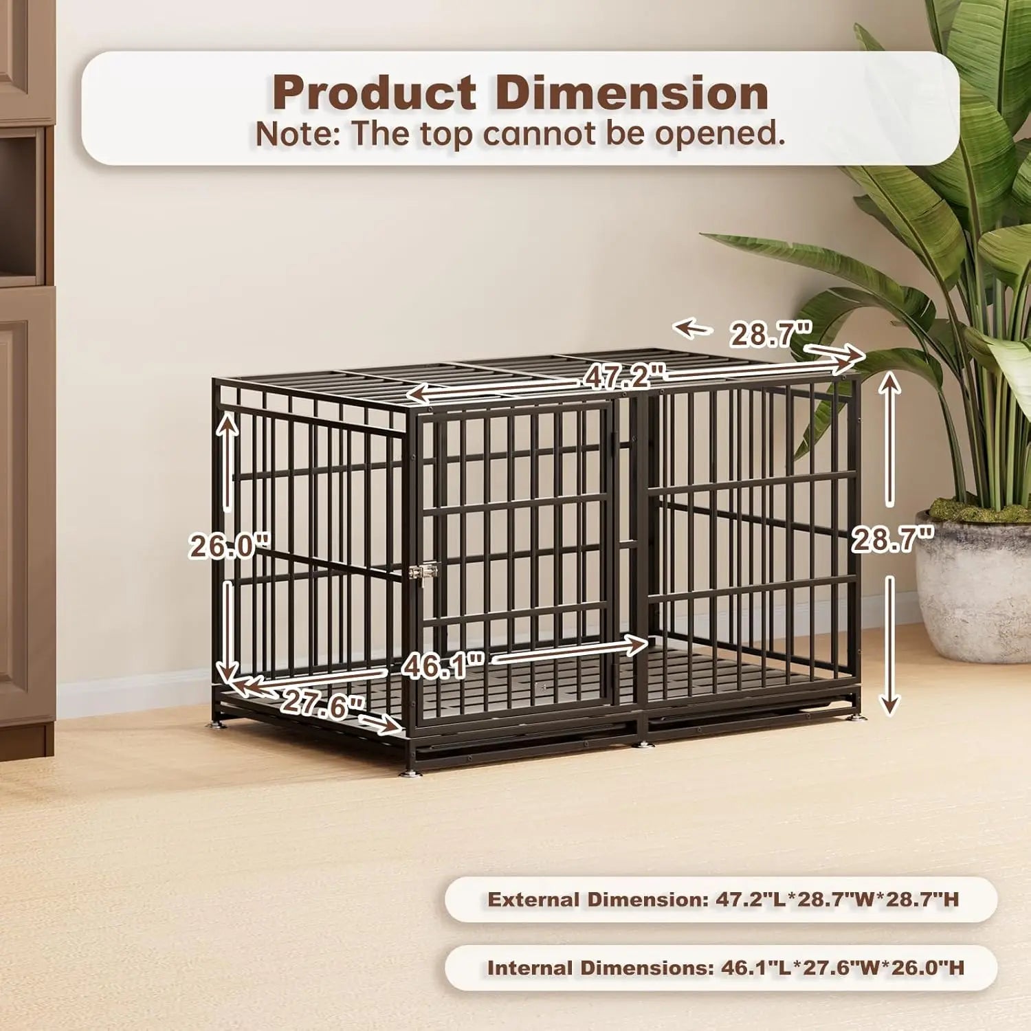 48-Inch Heavy-Duty Dog Crate with Wheels, Escape-Proof Cage for Large Dogs, Removable Tray Included