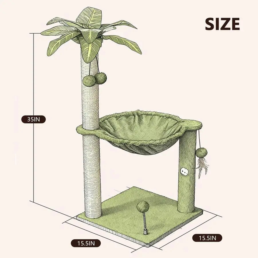 Cat Tree for Indoor Cats 35 Tall Cat Scratching Post with Large Cat Hammcok and Hanging Ball Toys Plant Green