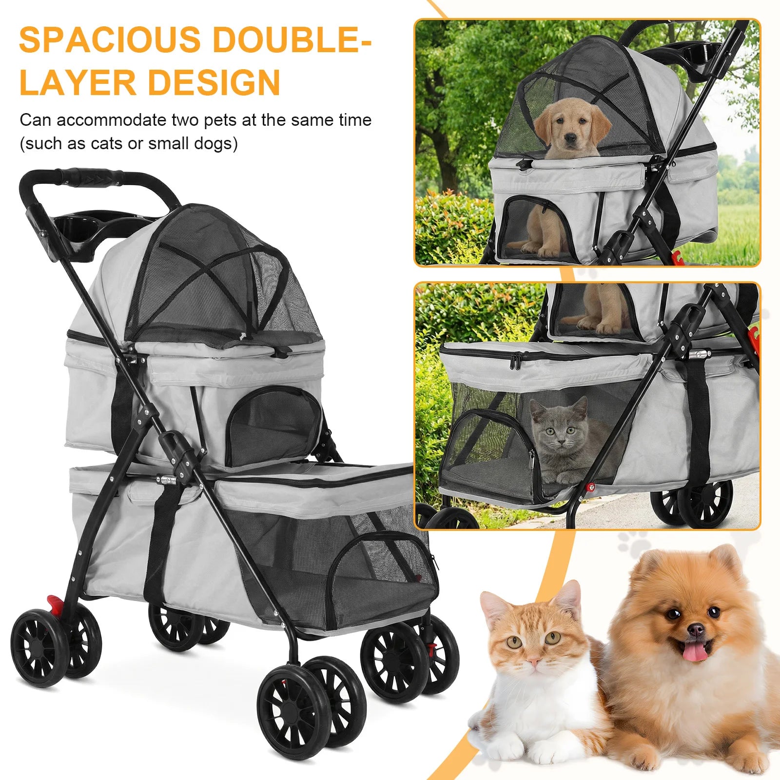 Cat Stroller for Dogs and Cats Foldable Cat Carrier with Safety Belts Cup Holder & Lockable Wheels Ideal for Multi-Pet Families