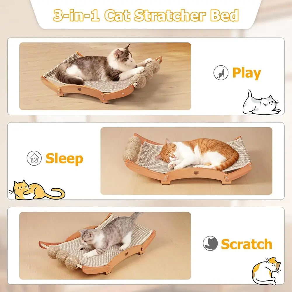 Extra-Larger Sisal Cat Scratcher Bed with Ball, 3-in-1 Scratching Pad, Hammock, Natural Sisal, Solid Wood Post, Cats Lounger & S