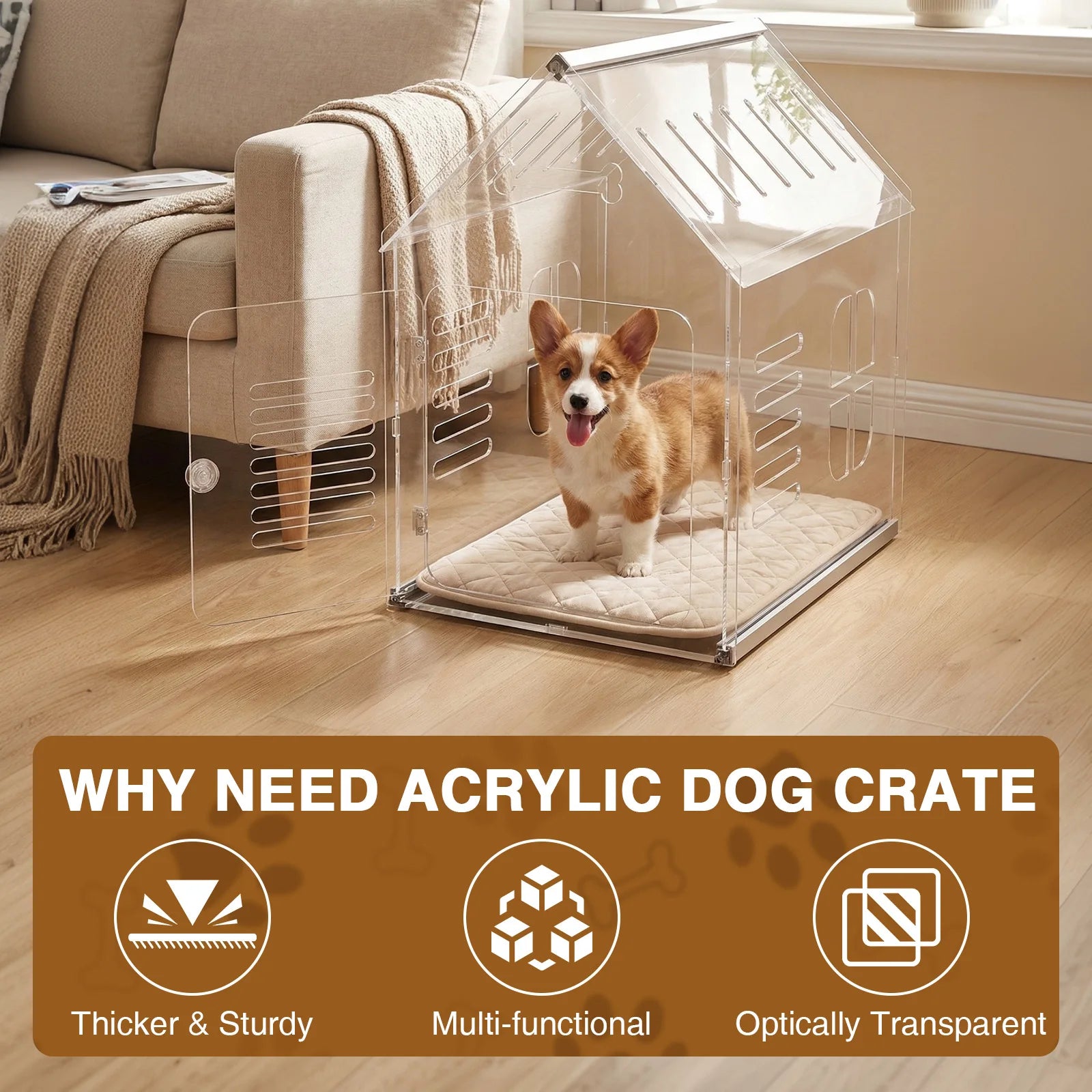Acrylic Modern Dog Crate Lockable Ventilated Extra Large Dog Cage Transparent Kennel House Furniture for Small Dogs Cats Pets