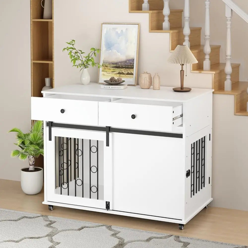 Indoor Dog Crate Furniture with Sliding Door, Lockable Wheels, and Metal Bars for Small to Medium Dogs