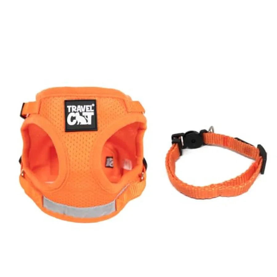 Travel Cat Adjustable Harness and Leash Set + Breakaway Collar for Cats - Secure Escape-Proof Outdoor Walking Kit Large Orange
