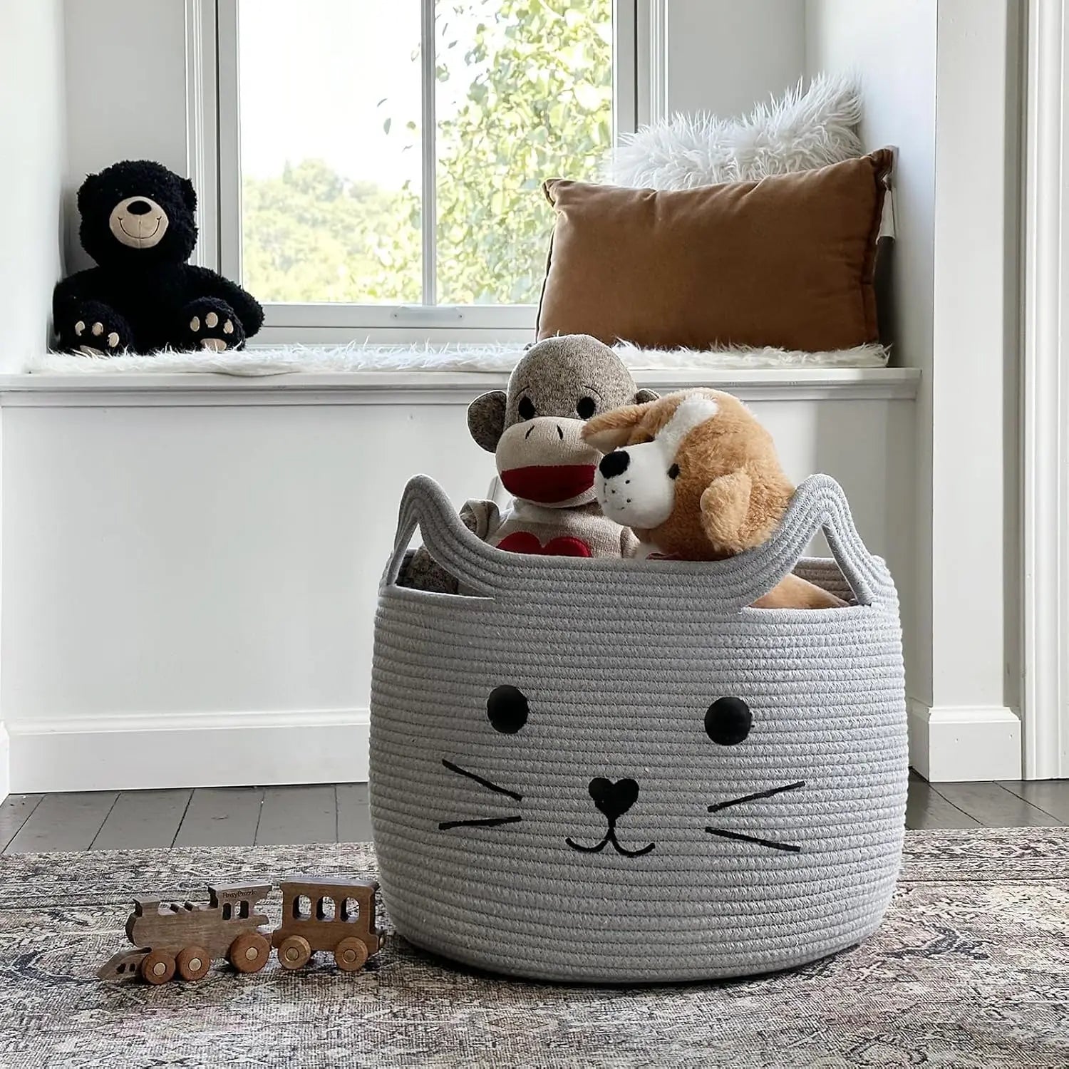 Large Woven Cotton Rope Storage Basket with Cat Ears, Organizer for Towels, Blankets, Toys, and Pet Beds in Gray
