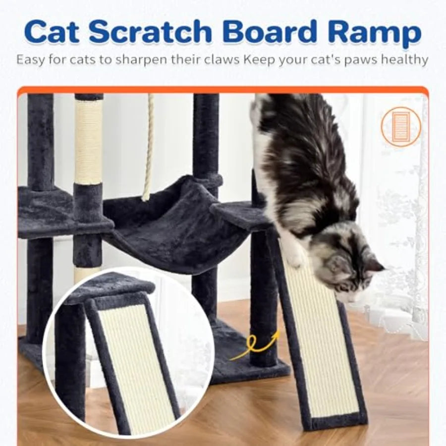 Cat Tree Tower 63in Multi-Level Cat Tower for Indoor Cats with Sisal Scratching Posts Condo Hammock Dangling Ball and Extended