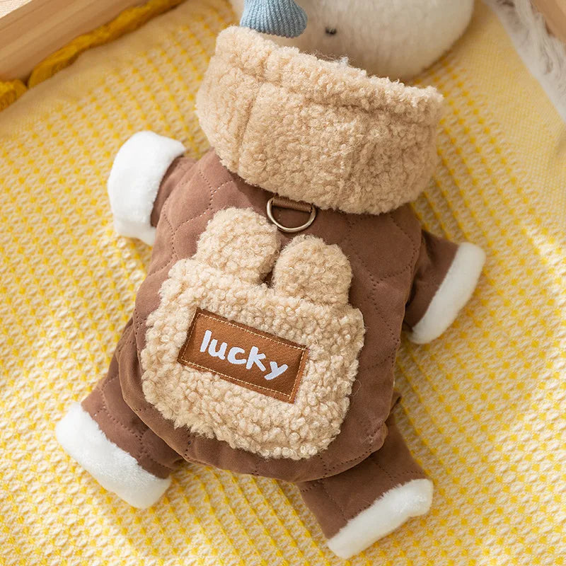 Autumn and Winter Dog Clothes Thickened Warm Quilted Cotton Pocket Leash Cat Pet Four-Legged Cotton Coat